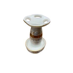 Vintage Gold & White Porcelain Toothbrush Holder With Decorative Pattern